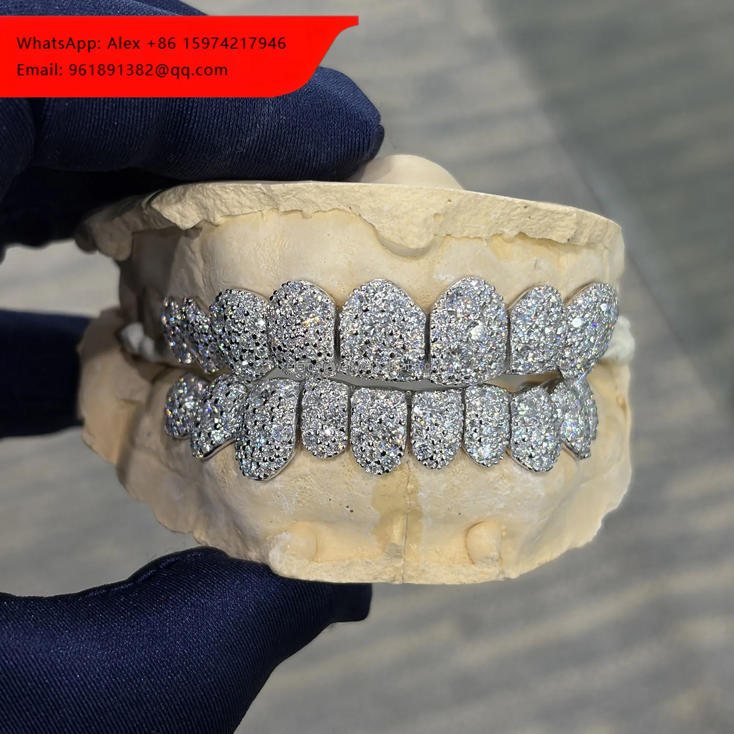

Custom Top Bottom 6 8 10 S925 Silver Honeycomb Mosaic Setting VVS Moissanite Lab Diamond Regular Cut White Gold Grillz For Teeth