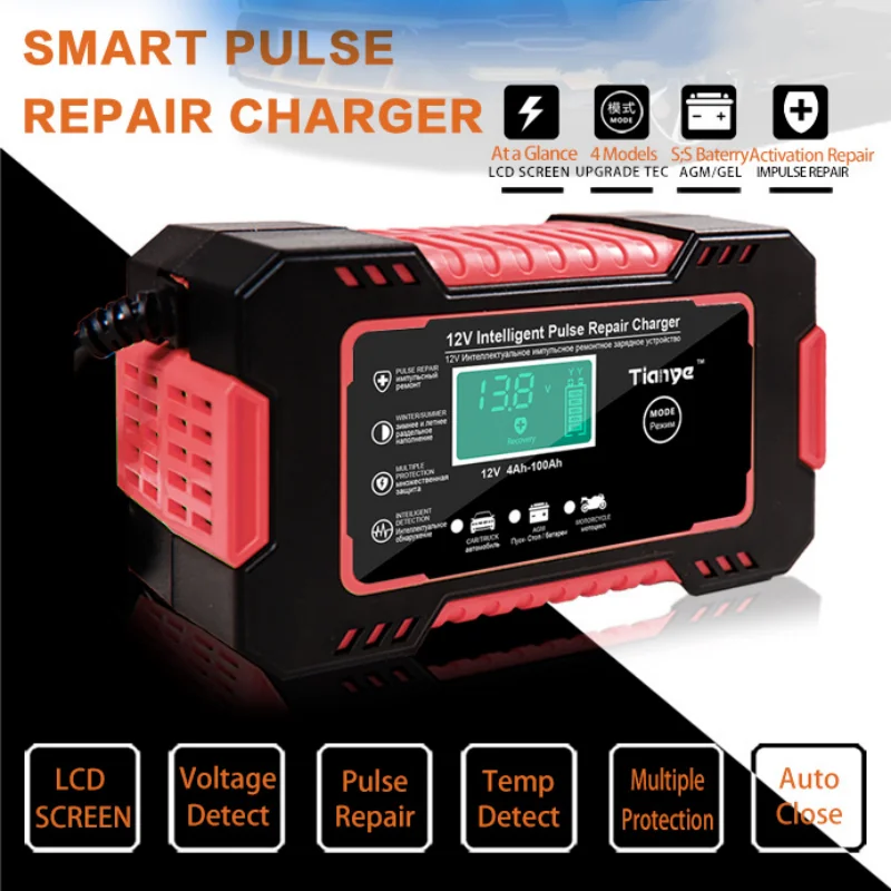 

12V6A Battery Charger Car Motorcycle Charger Digital Display Suitable for Lead Acid Batteries EU Plug Reverse Protection