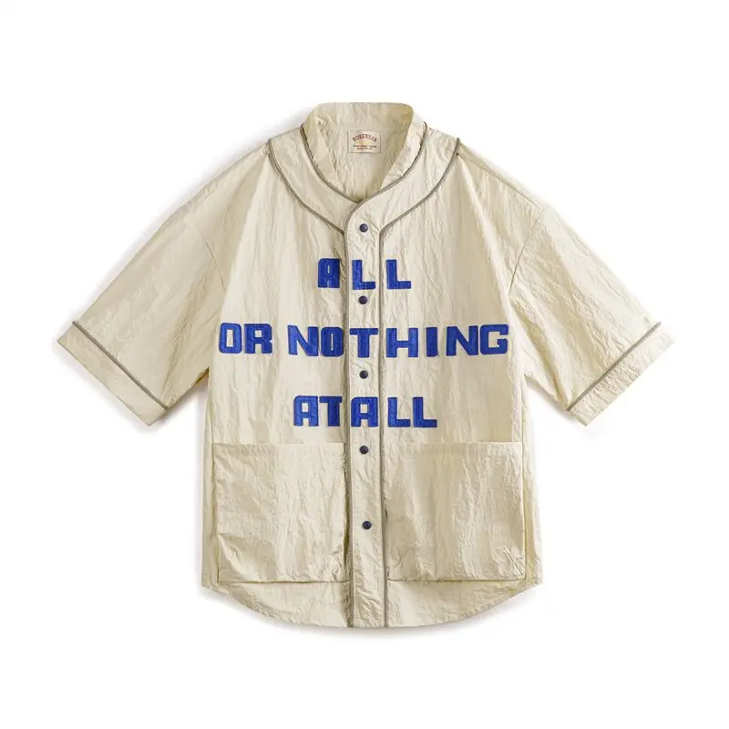 

American Retro Wrinkled Baseball Collar Shirt V Sports Letter Short Sleeved Cardigan Shirt Men's Summer