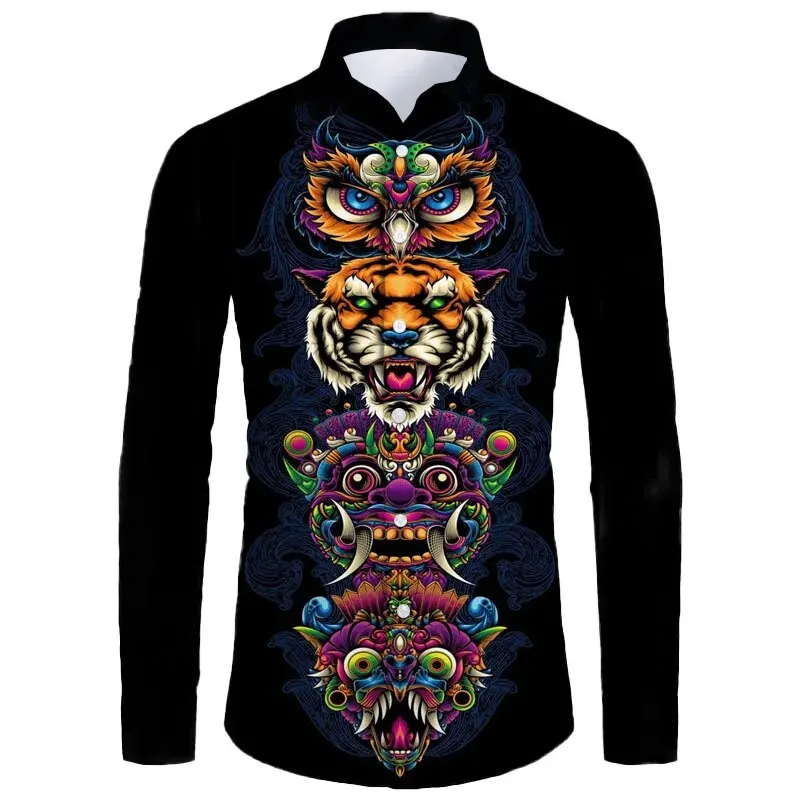 Hawaii Männer übergroße Casual Shirt 3D-Print Tiger Luxus Streetwear Kleidung für Langarm Revers Vintage Shirt Tops XS-6XL