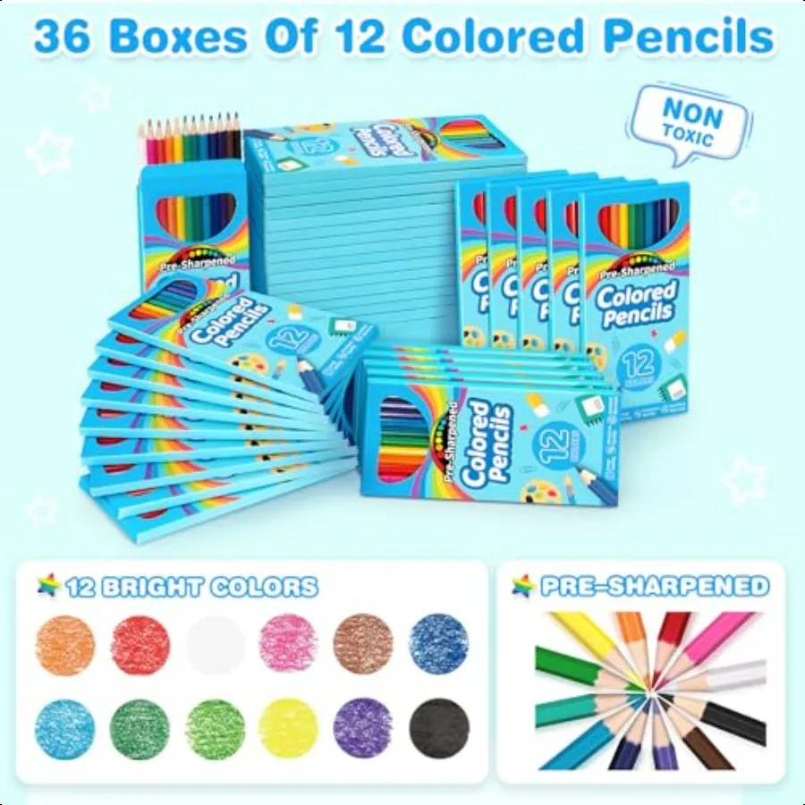 432 Count Colored Pencils Bulk for 36 Packs Presharpened Coloring Pencils in 12 Colors Bulk School plies for Teachers Ideal Bac