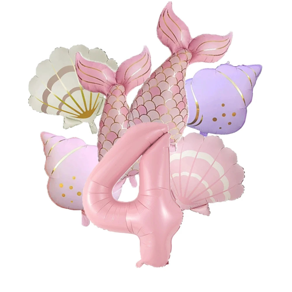 7pcs Ocean Mermaid Tail Shell Conch Balloon Set Pink 0-9 Number Foil Balloon Undersea Birthday Party Decor Baby Shower Supplies view 2