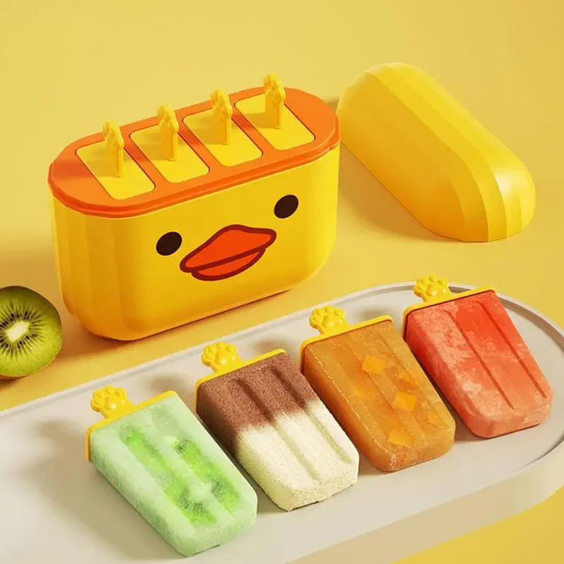 Cavity Food Grade Ice Cream Molds Box Cartoon Silicone Popsicle Reusable Cake Lolly Pop For Summer Frozen Mould Bar Yellow Duck