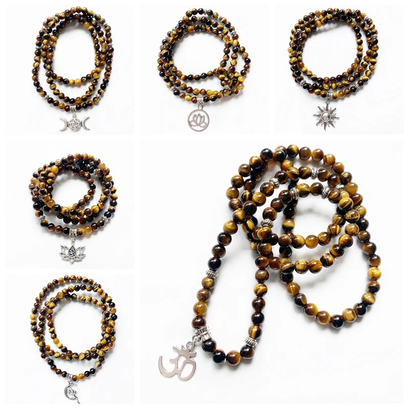 6mm Tiger Eye Stone Multi layer Bracelet 108 Beads Mala Tibetan Natural Stone Necklace Prayer Beads Buddha Jewelry