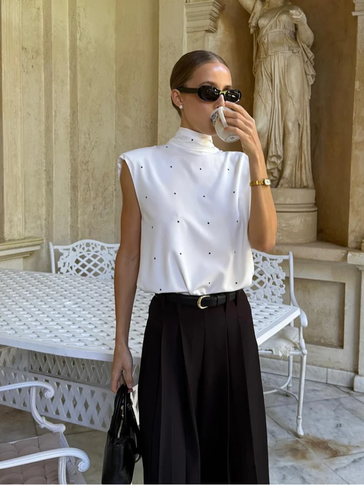 Haut à col roulé en Satin blanc sans manches pour femmes, taille haute, tenue élégante et décontractée, printemps 2026, vêtements de bureau pour les déplacements quotidiens