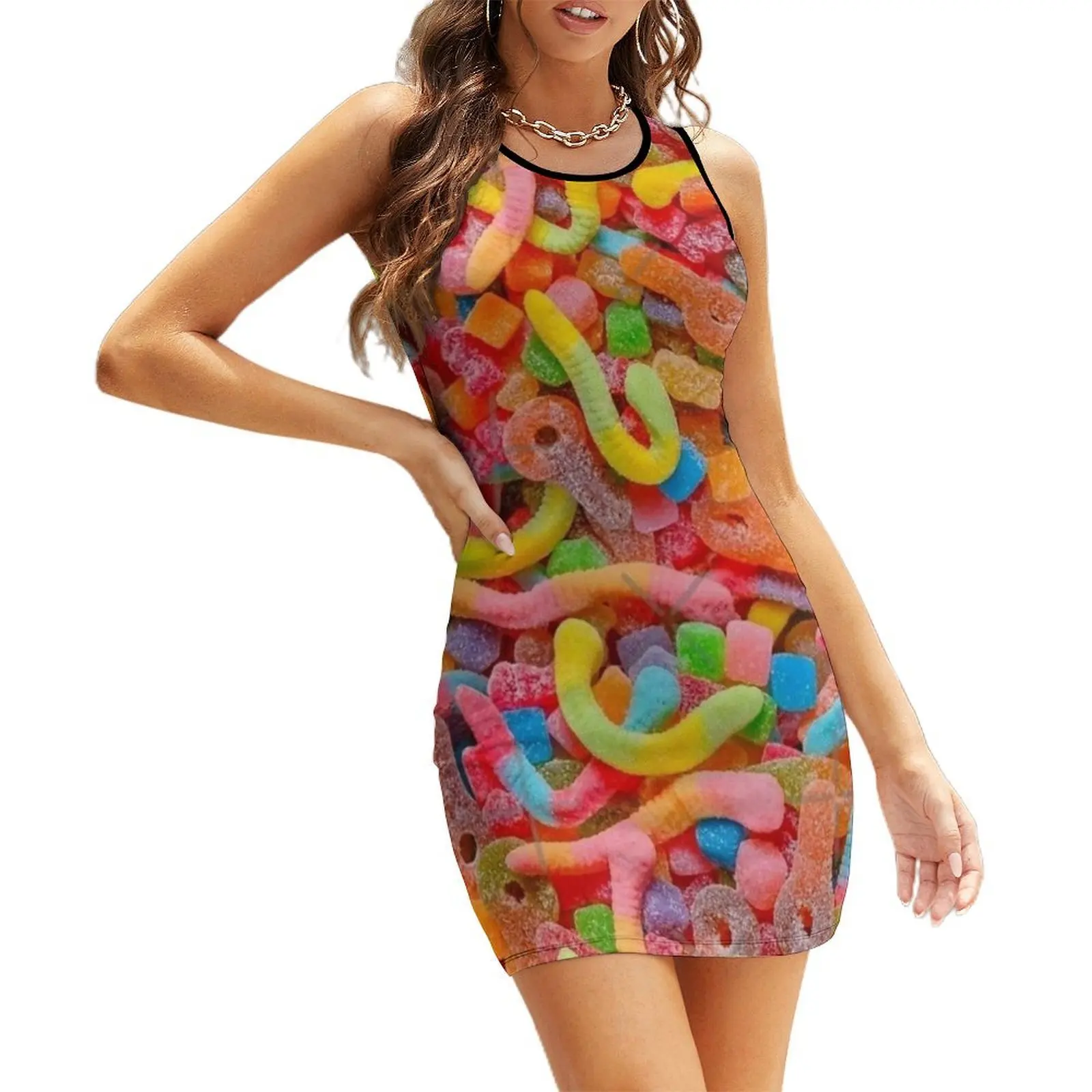 Gummy Worms Candys-vestido veraniego sin mangas para mujer, ropa de mujer 2021, vestidos de estilo coreano