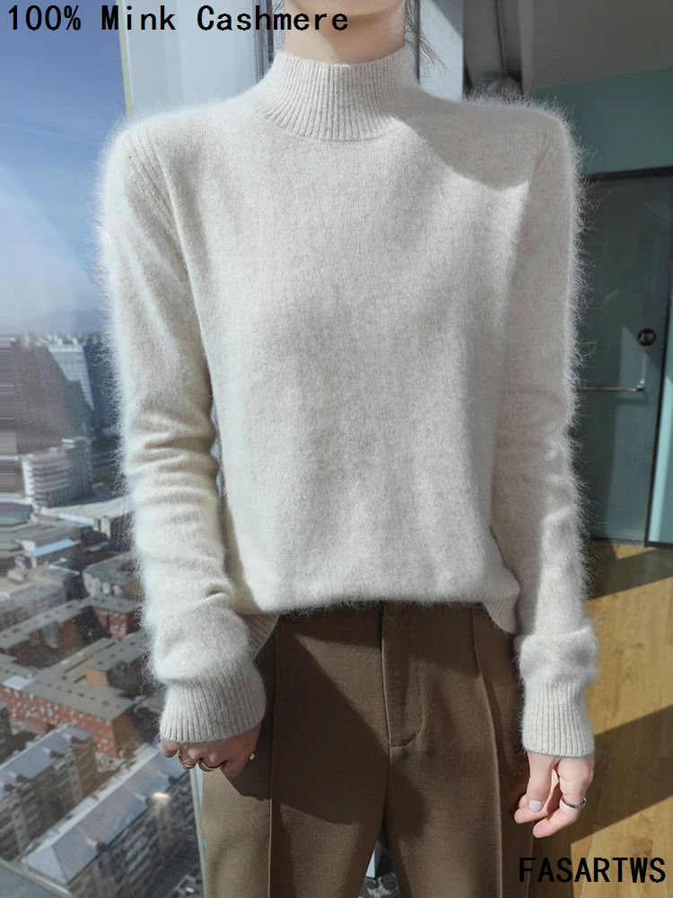 النساء 100% المنك سترة الكشمير المعنقة نصف الياقة العالية البلوز كم طويل حجم كبير تريكو الخريف الشتاء الملابس النسائية الموضة