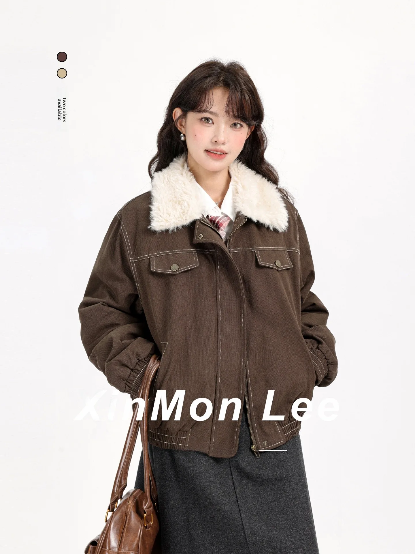 

Chic Lamb Fur Collar ort Coat Korean Sle Thiened Winter Jaet Women's Faionable Warm Zipper ket Long Sve Coat