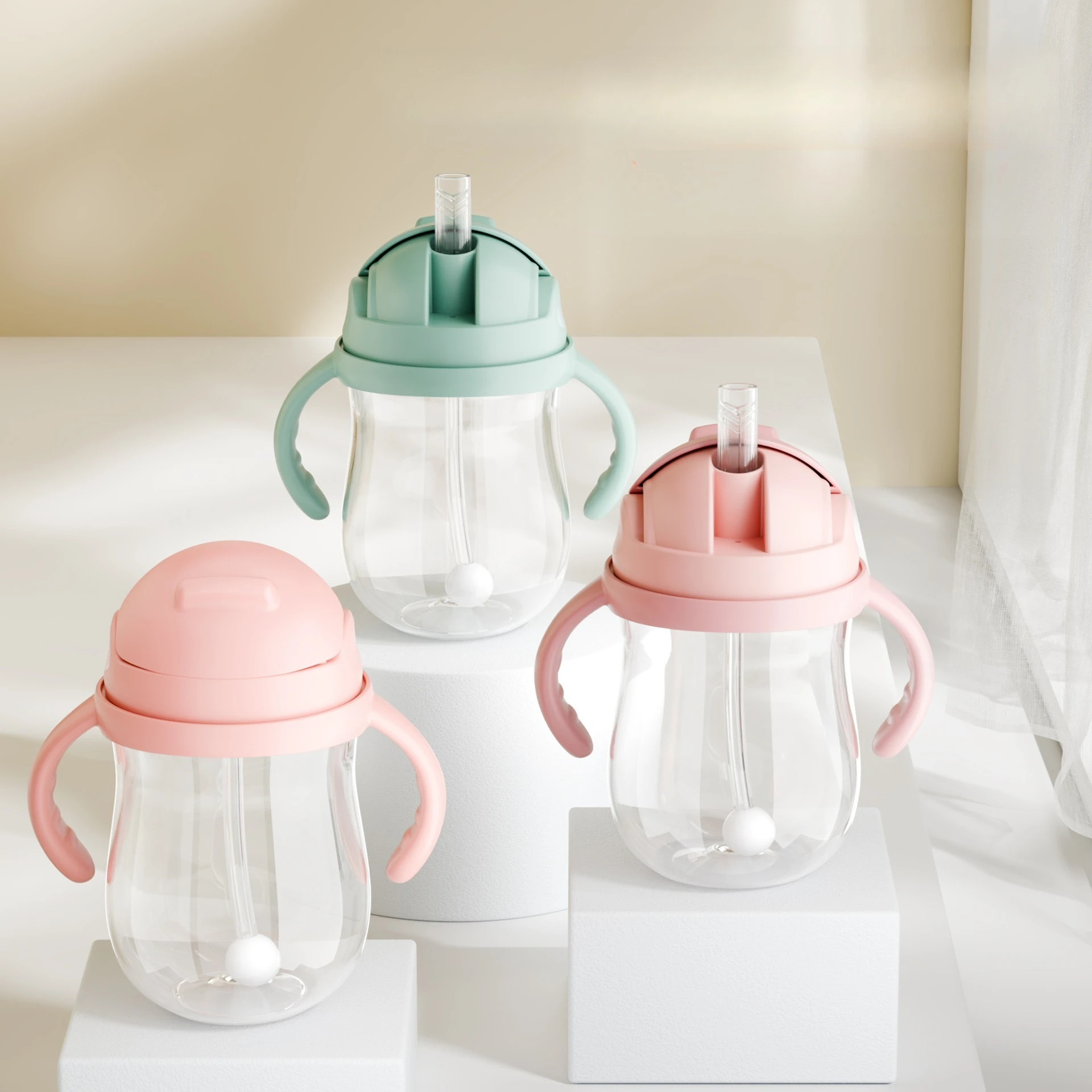 Baby Water Bottle with Handles, 300ml Sippy Cup, Drop-Proof Gravity Straw, Kids Cup, Leak-Proof Anti-Colic