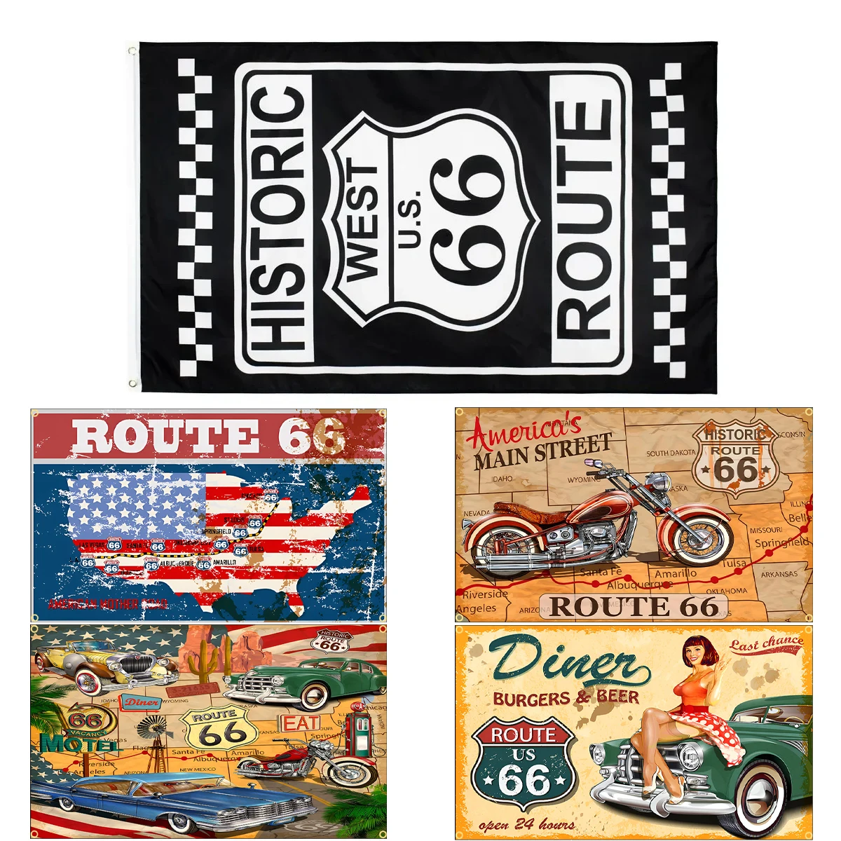 USA Historic West Us Route 66 Flag United States US Route 66 Motorcycle Biker Rider Retro USA Flags and Banners