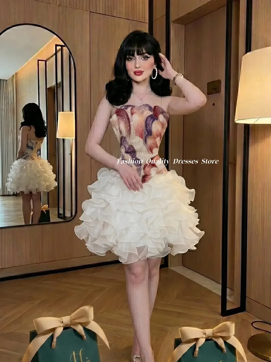 Evening Dress Colorful Rhinestone Corset Bodice Multi Layer Ruffle Short Dress Formal Gown For Prom Party Homecoming Customized