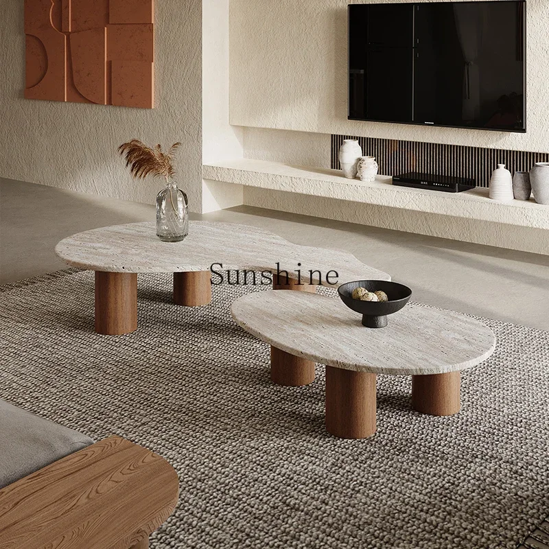 

Wabi Sandy Wind Solid Wood Travertine Coffee Table Combination Minimalist Light Luxury Living Room Household Round