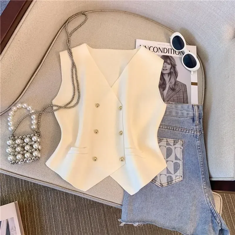 سترة تويد للنساء مزدوجة الصدر ورقبة على شكل V مستوحاة للخريف بطبقة أنيقة مصممة أوروبية بدون أكمام #1