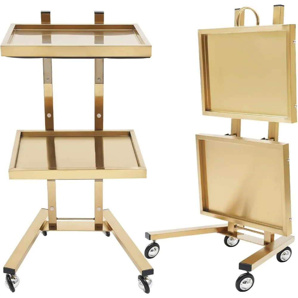 عربة دوارة معدنية من طبقتين، صينية صالون من الفولاذ المقاوم للصدأ مع عجلات، عربة أدوات قابلة للطي، عربة صالون، عربة طبية