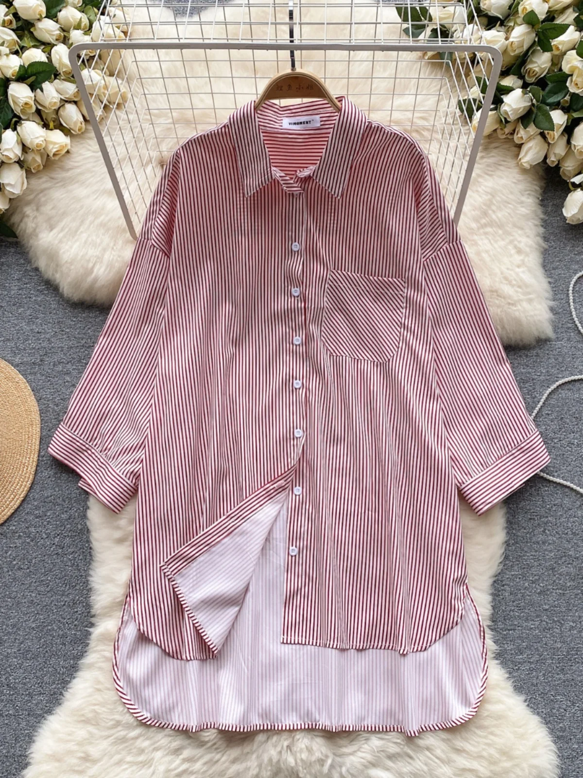 

mat High-End Striped Women's irt Loose Slimming Mid-Length Design Unique Personali Top Korean Sle Long Sve