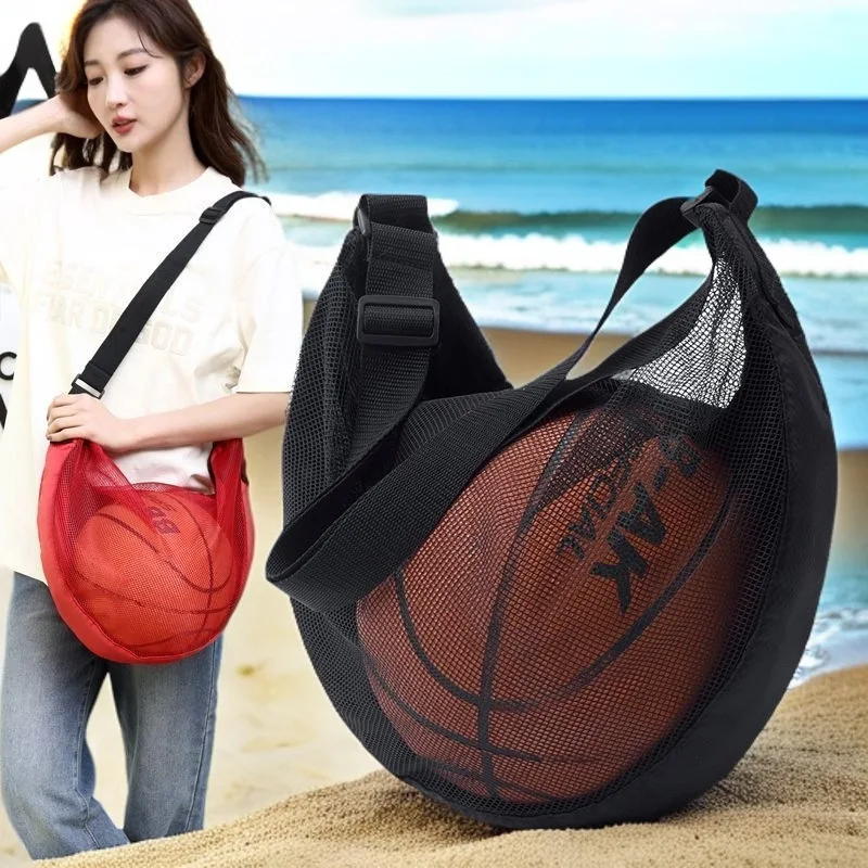 Anti-Tear Mesh Single Ball Bag Fits Size 7 Basketball Soccer Volleyball Crossbody Carrier With Adjustable Strap & Zipper