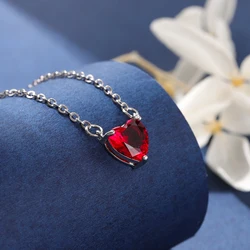 Red Peach Fashion Heart Love Crystal 925 Sterling Silver Clavicle Chain Pendant Necklaces