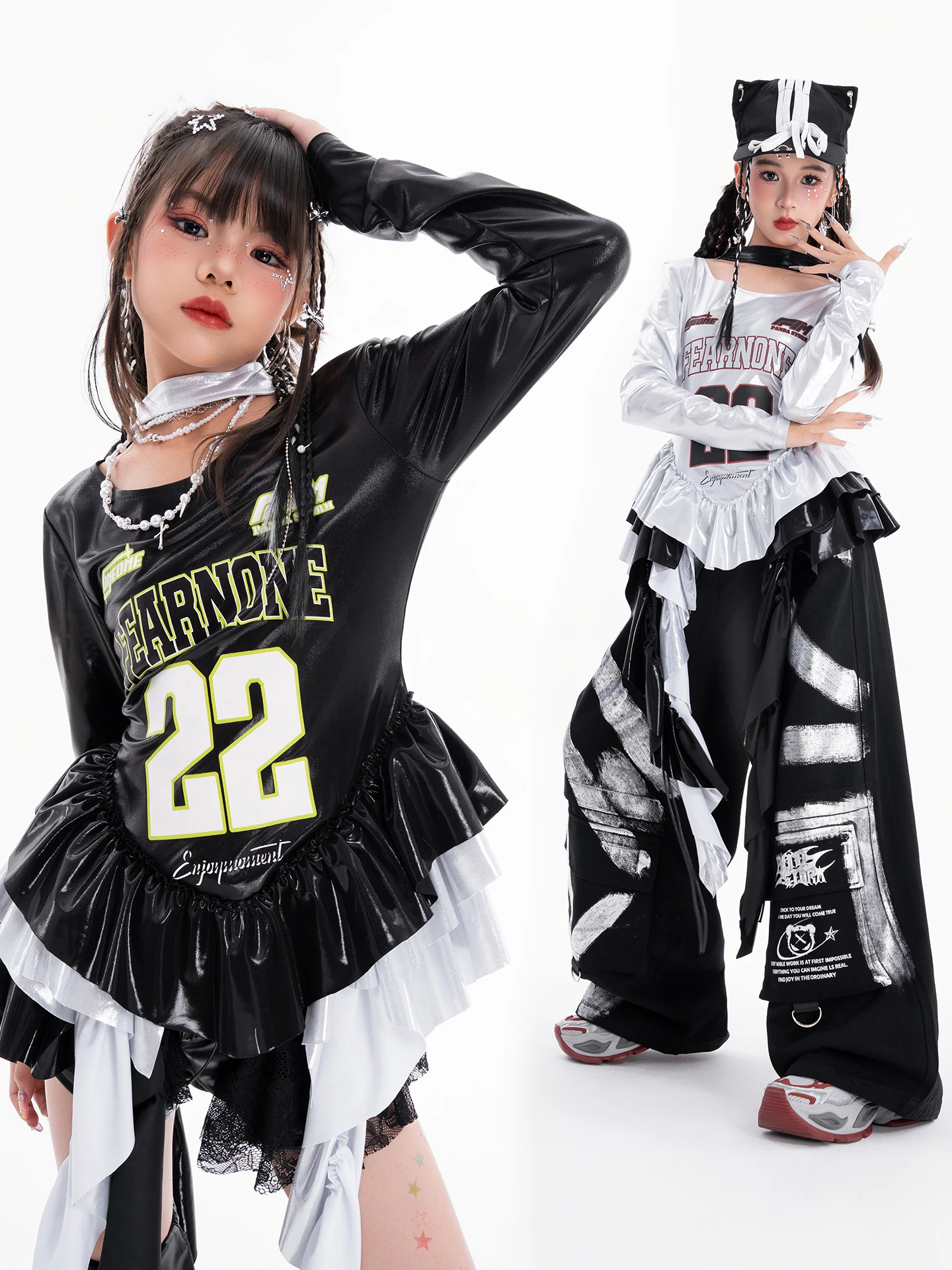 

2025 Girls Jazz Dance Costume Performance Group Stage Clothes Kids Glossy Top Street Dance Clothes Hiphop Dance Wear DN22199