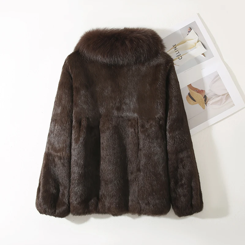 Genuine Whole 100% Real Natural Rabbit Fur Coat With Luxury Natural Fox Fur Collar Jacket Full Pelt Rabbit Fur Overcoat