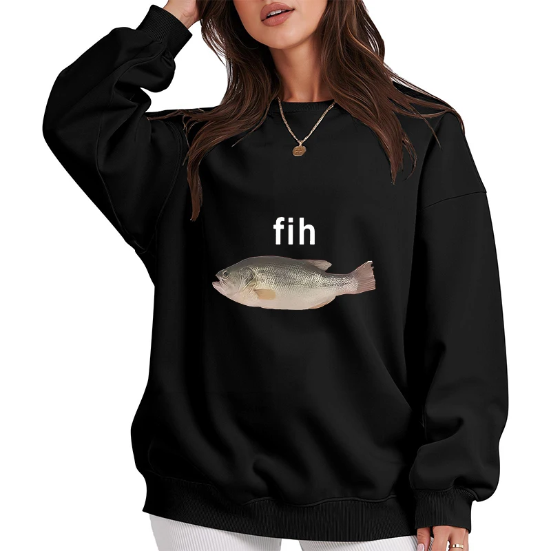 Engraçado fih peixe meme hoodies inverno para mulheres harajuku casual quente pullovers camisolas de manga longa y2k engraçado o-pescoço roupas