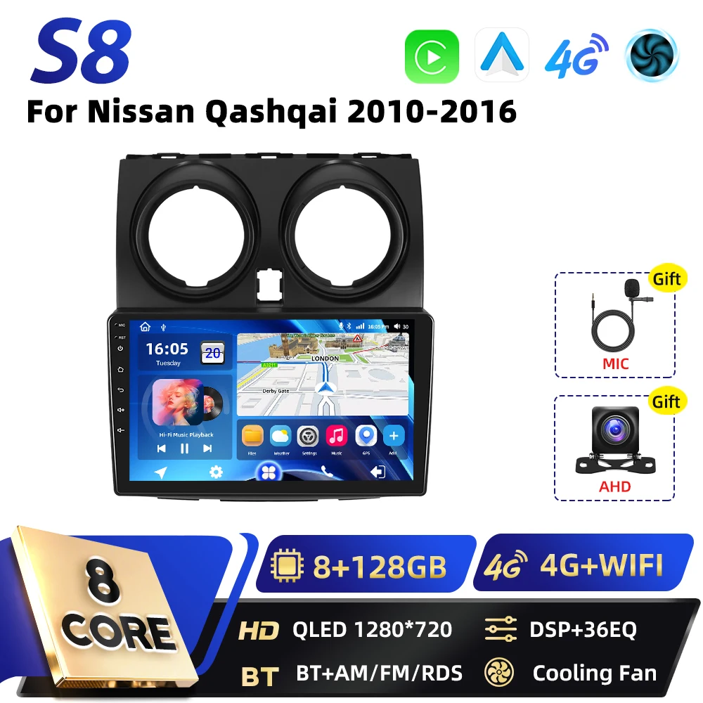 Podofo 8+128G Carplay 2DIN Android Auto Multimedia Speler voor Nissan Qashqai 2006 2007-2016 Intelligente Systemen GPS WIFI FM RDS