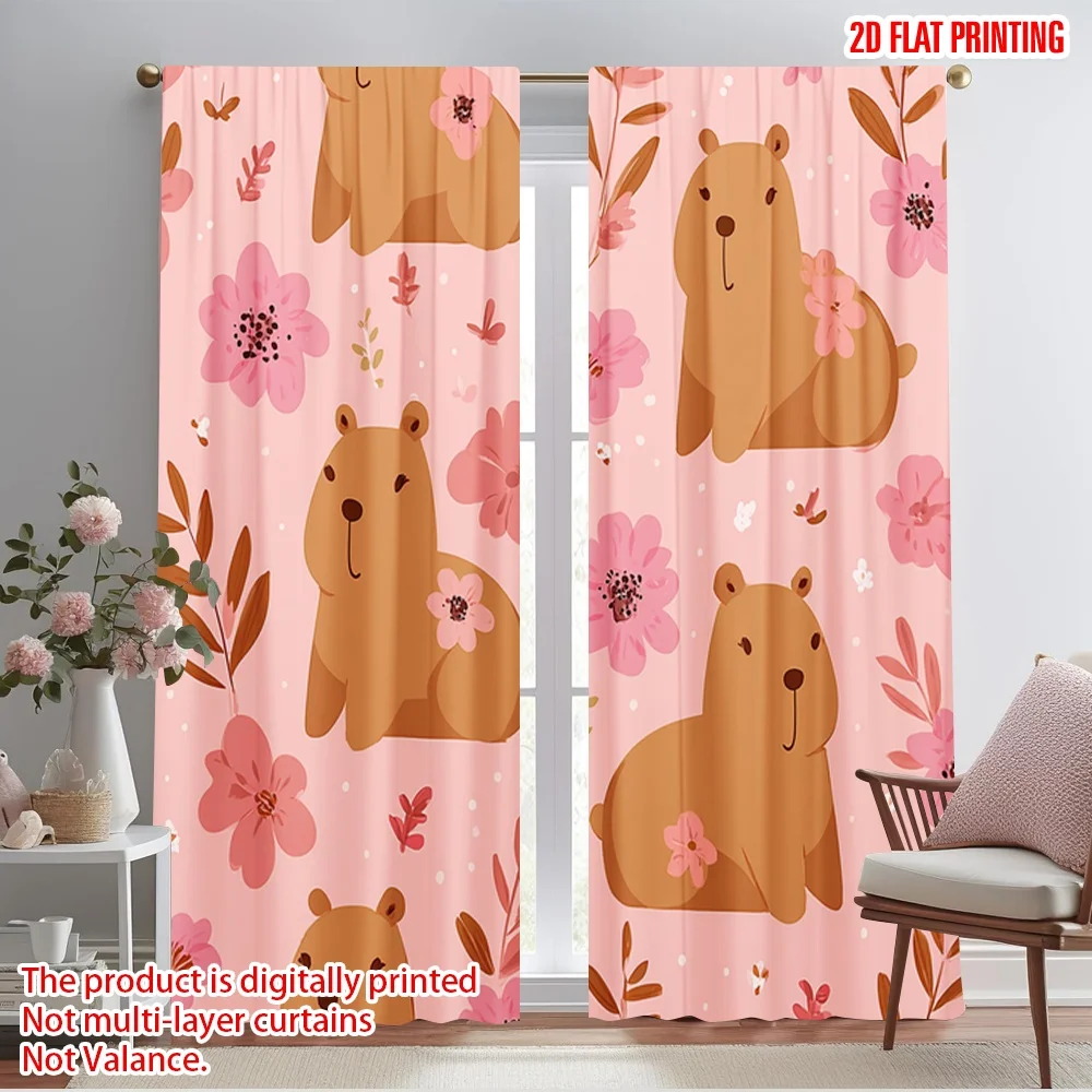 2pcs,2D plane printing Curtains Digital Printed Capybara Floral Bliss Versatile 100% Polyester (without rod) Art Deco Festive
