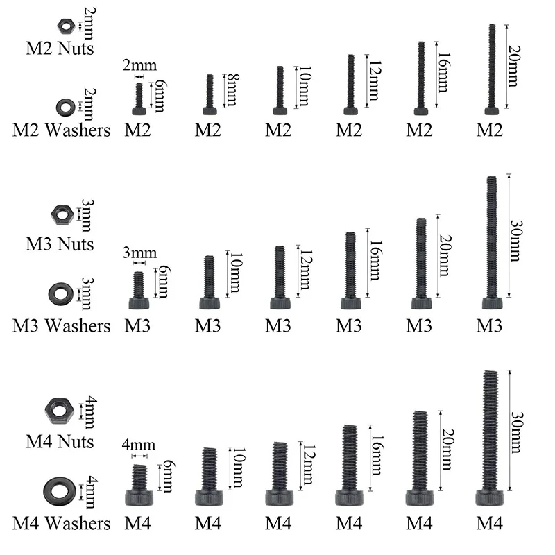 Carbon Steel Screws Nuts and Washers Set, Black, M2, M3, M4, Hex Socket, Head Cap Bolts, Nuts Assortment Kit, 1200Pcs