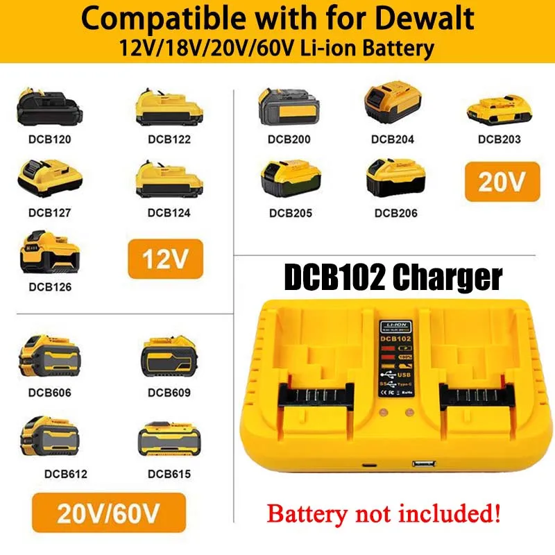 DCB102 Power Tool Lithium Battery 3A Double Charger For DeWalt 10.8V 12V 14.4V 20V  DCB200 DCB203 DCB118 DCB105 DCB107 DCB112