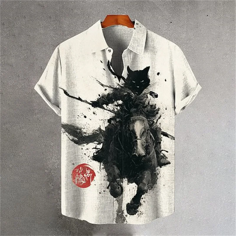 新しいファッションメンズリネン半袖シャツ 3D プリント武士道パターンカジュアルコンフォートシャツ夏半袖シャツ