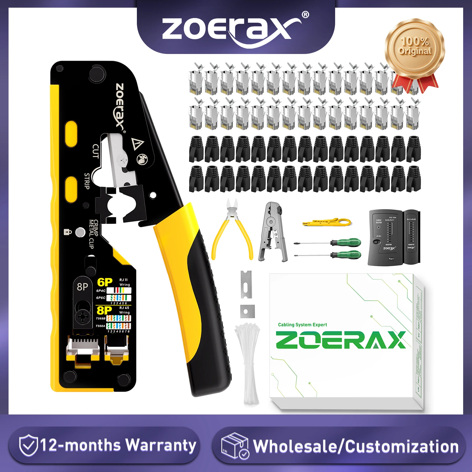 ZoeRax RJ45 Network Crimper Tool Kit Crimping Tool Tester,Wire Cutter,Cat7/6A Connectors and Boots,Cable Ties and Screwdrivers