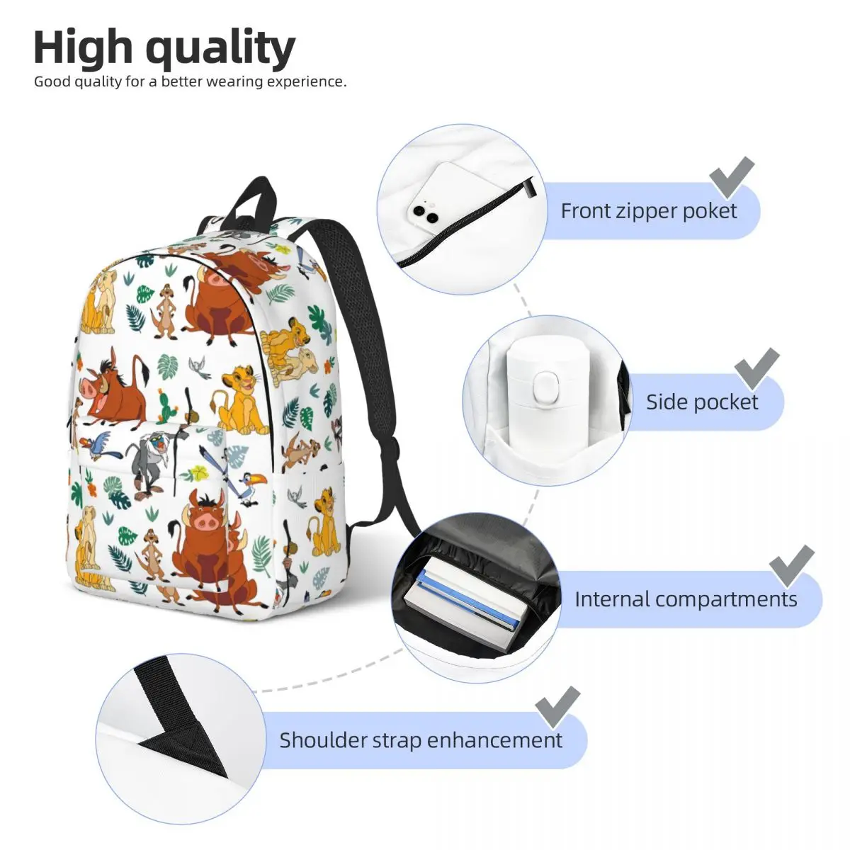 Zaino per adolescenti Cartoon Re Leone Simba con tasca Studente Business Pumbaa Nala Zaino per uomo Donna Borsa a tracolla per laptop