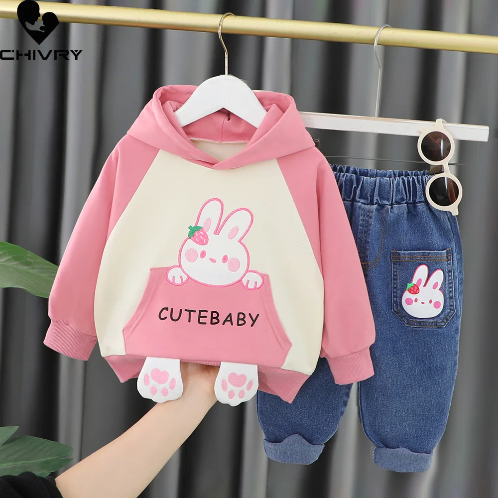 New 2023 Kids Baby Spring Autumn Cute Cartoon Animal Hooded Sweatshirt Tops with Denim Pants Boys Girls Fashion Clothing Sets