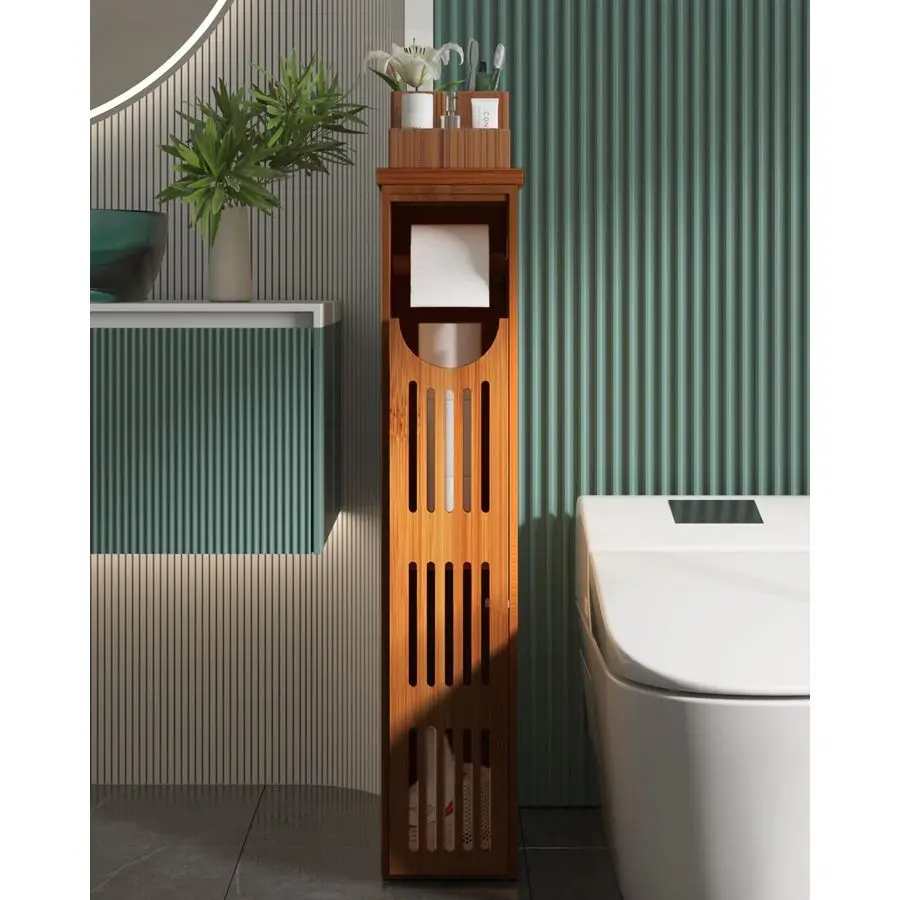 

Bamboo Toilet Paper Holder with Storage, Bathroom Toilet Paper Storage Cabinet, Small Bathroom Storage Cabinet for Small Spaces,