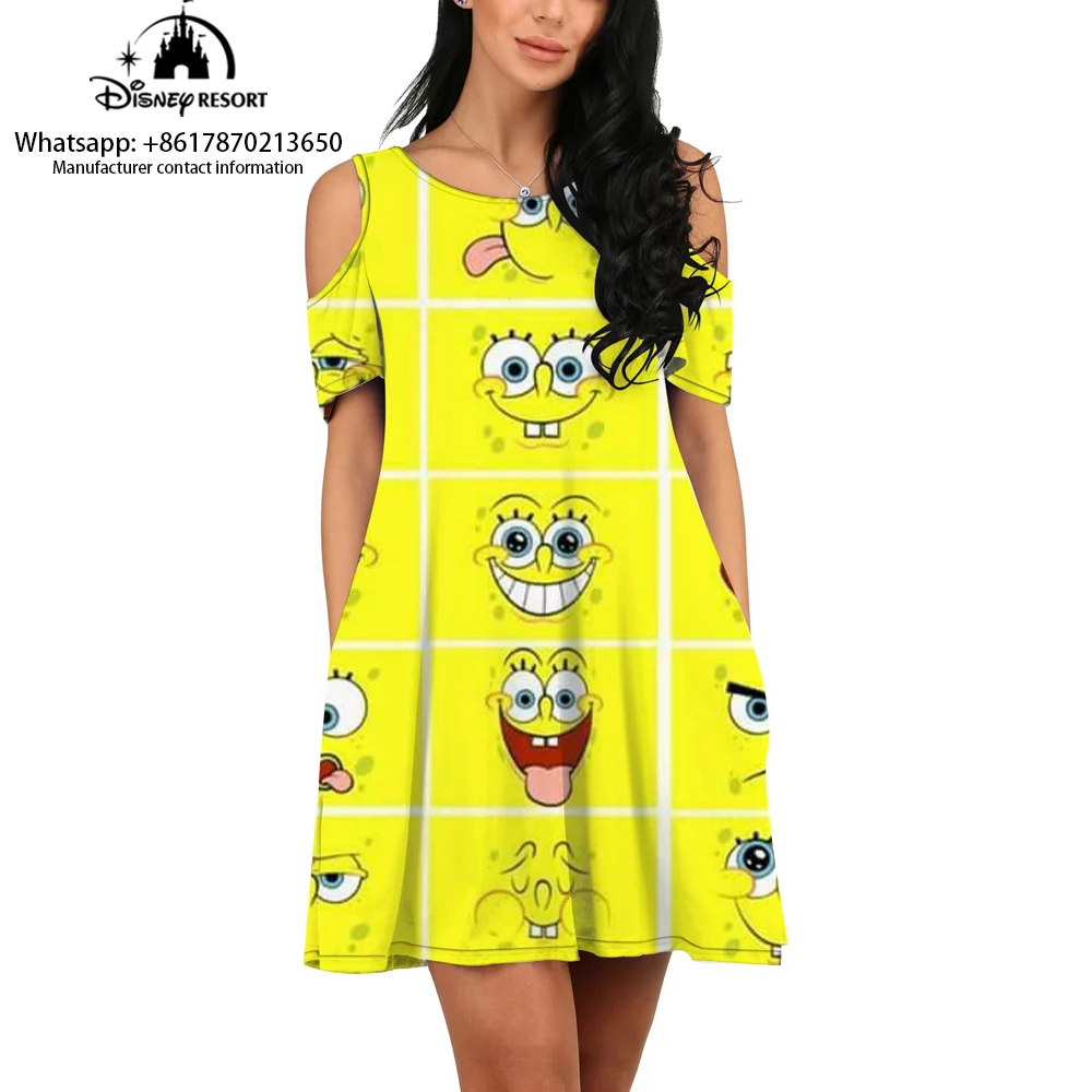 New women's comfortable, fashionable and casual pullover short-sleeved off-shoulder dress Spongebob cartoon dress summer