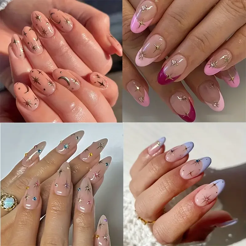 2 piezas, calcomanías de arte de uñas Y2K de ráfaga de estrellas, decoraciones brillantes doradas y plateadas para manicura francesa, para uñas de bricolaje 2