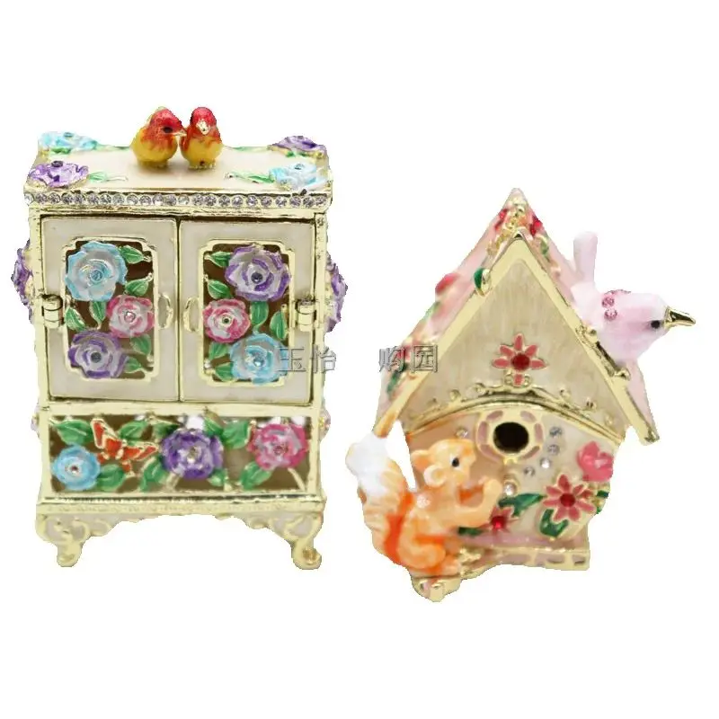 Shengbeifan Enamel colored handicrafts, small squirrel house, small double bird wardrobe decorations, home counter decorations,