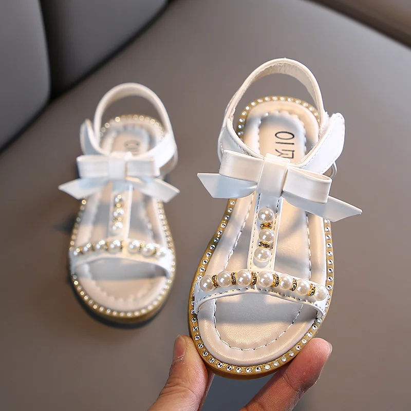 Girls Sandals Kids Summer Roman Shoes 2022 Elegant Pearl Rhinestone Party Princess Shoe Flats Non-slip Casual Girl Beach Sandal