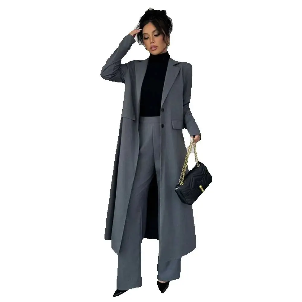 Elegant Gray Suits for Women Single Breasted 2 Piece Long Jackets Pants Female Clothing Fashion Chic Office Lady Blazers Sets