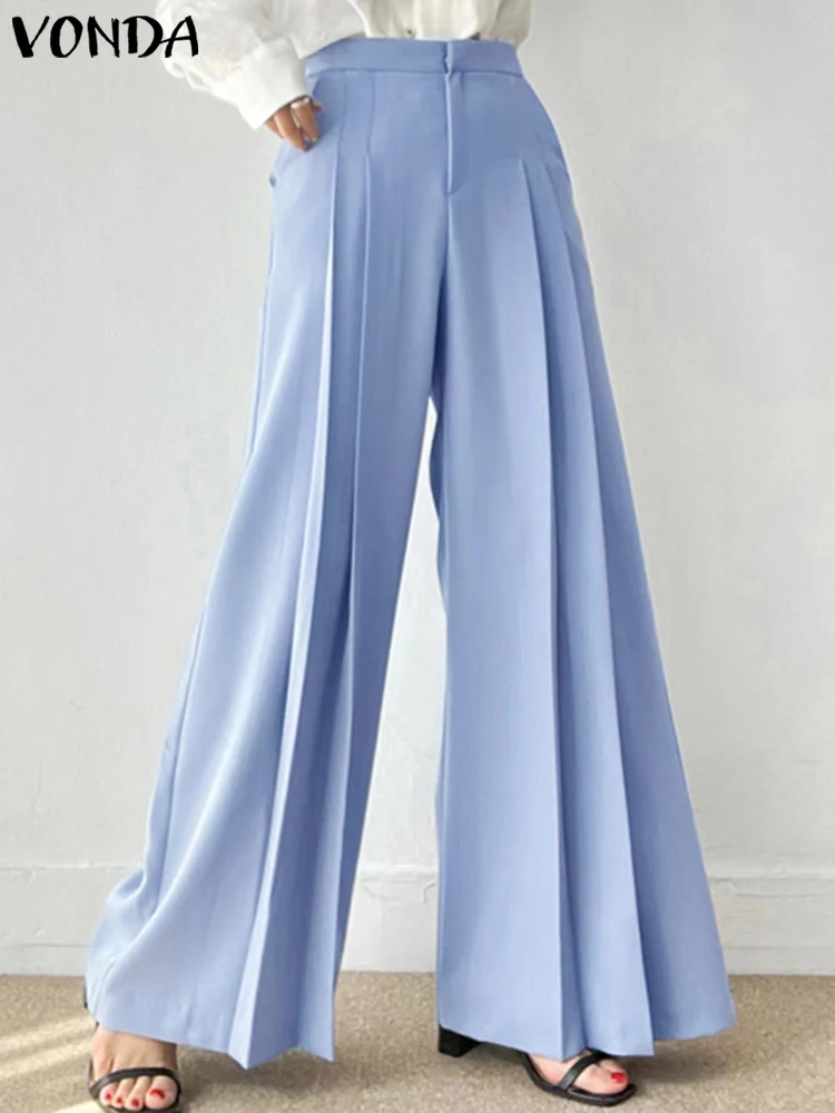 

2023 Fashion Solid Color Wide Leg Pants VONDA Elegant Women Office Suit Pants High Waist Pockets Casual Pleated Long Trousers