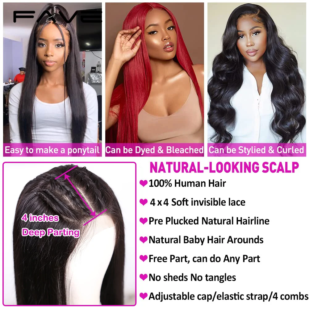 FAVE Lace Front Wigs Human Hair Straight Human Hair Wigs for Black Women 150% Density 4x4 Glueless Transparent Lace Frontal Wig