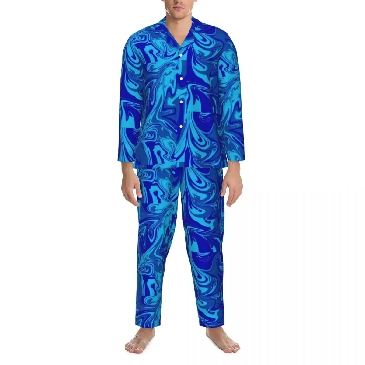 

Pajamas Man Blue Neon Paint Bedroom Nightwear Abstract Liquid Two Piece Pajamas Set Long Sleeve Comfortable Oversized Home Suit