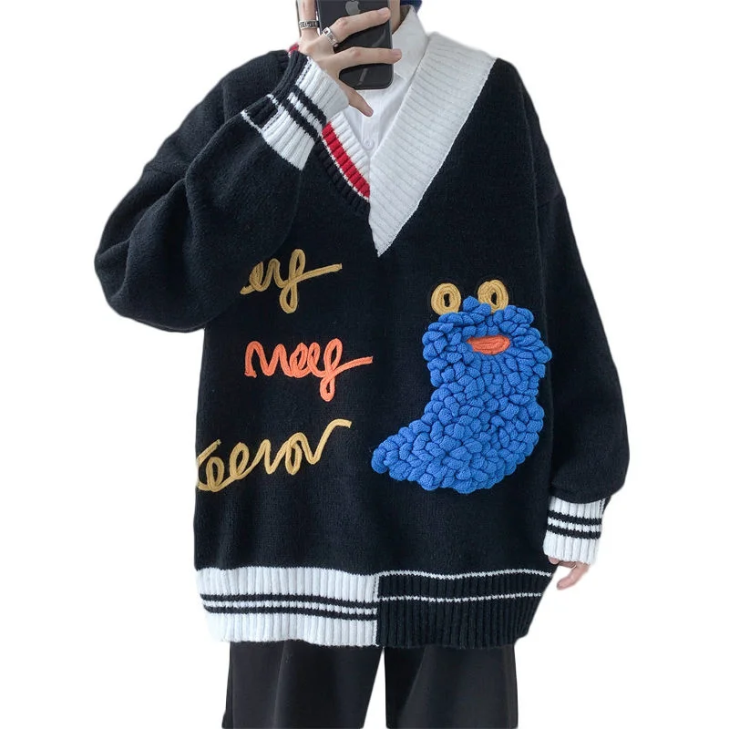 

Cartoon Embroidery Men Sweaters V Neck Patchwork Oversized Male Knitted Pullovers Autumn Winter Unisex 5XL Tops