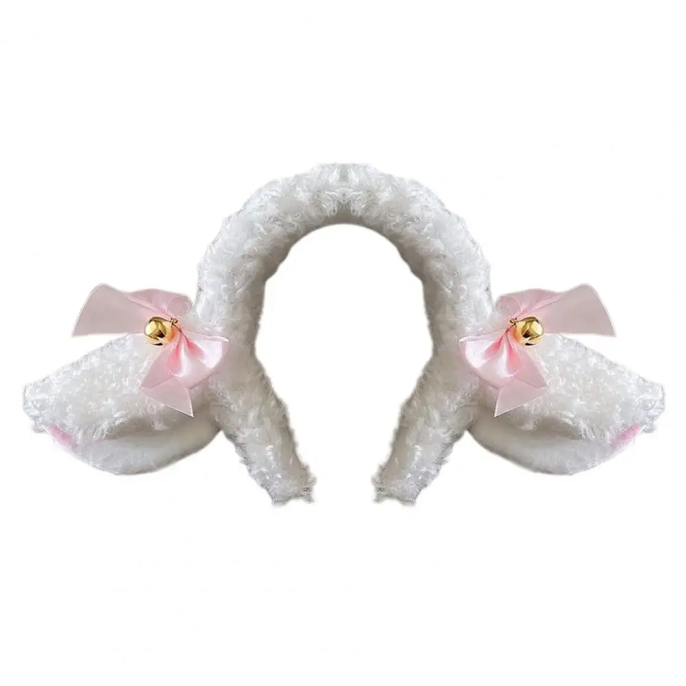 Simple Hair Accessory Plush Sheep Ear Headband with Bowknot Bell Decor White Hair Hoop for Makeup Washing Cute Hairband