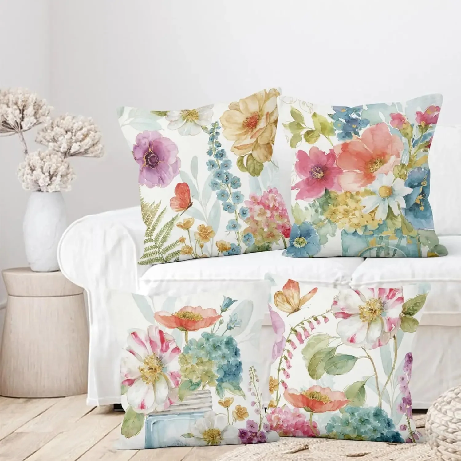 Watercolor Floral Garden Plant Decorative Pillow case, 4-Pack Double-Side Printed Pillowcases for Sofa and Living Room