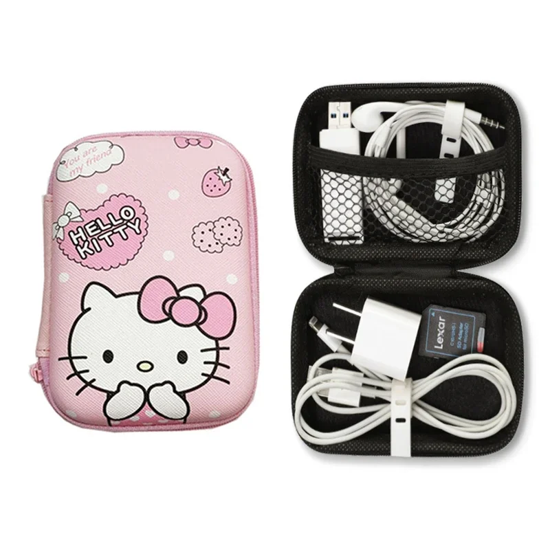 Kawaii Hello Kittys Data Cable Charger Sorting Storage Bag Girl Cartoon Travel Portable Cosmetic Jewelry Storage Protective Case