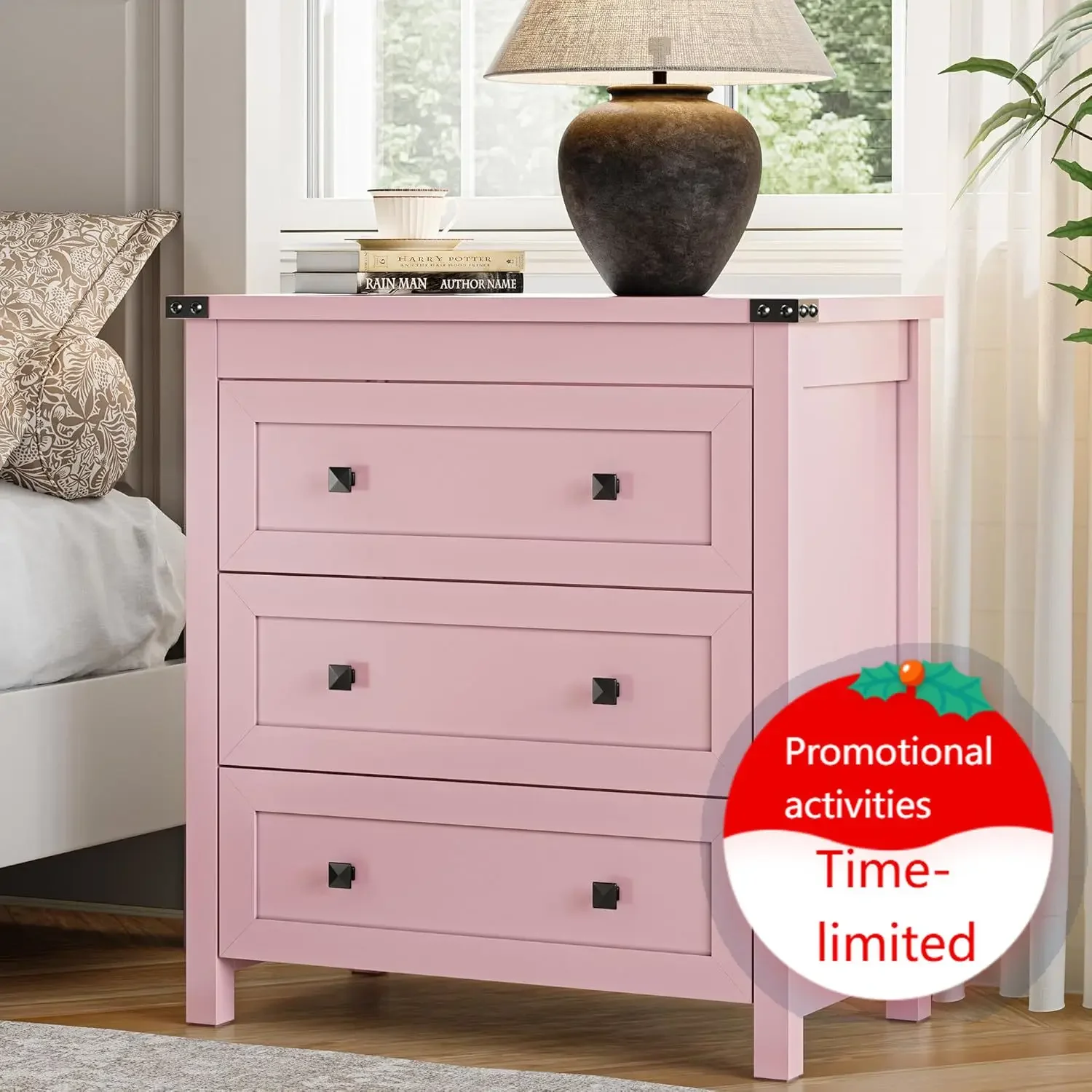 Pink Dresser Bedroom Three Drawers Nightstand Bedside Cabinet End Table Closet Storage Organizer Living Room Entryway Hallway