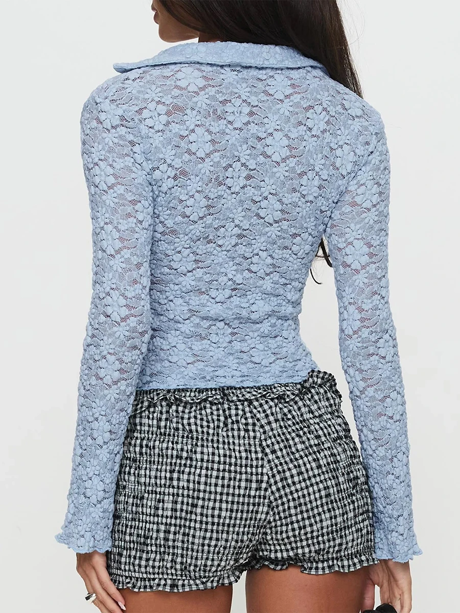 تي شيرت نسائي قصير للربيع والصيف بأكمام طويلة وطية صدر السترة وسحاب للتخسيس من الدانتيل الشفاف