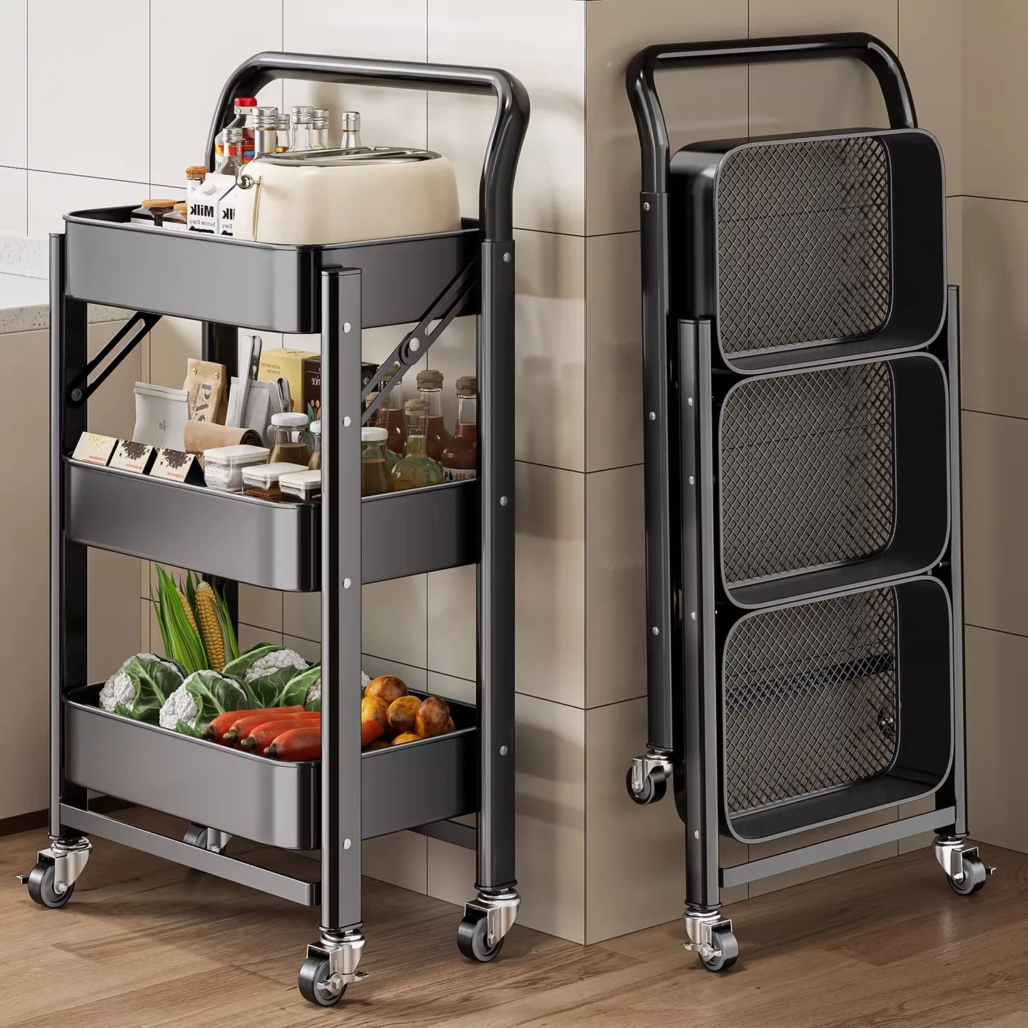 Kitchen rack, installation-free, foldable, multi-layer multi-function, household vegetable and fruit trolley
