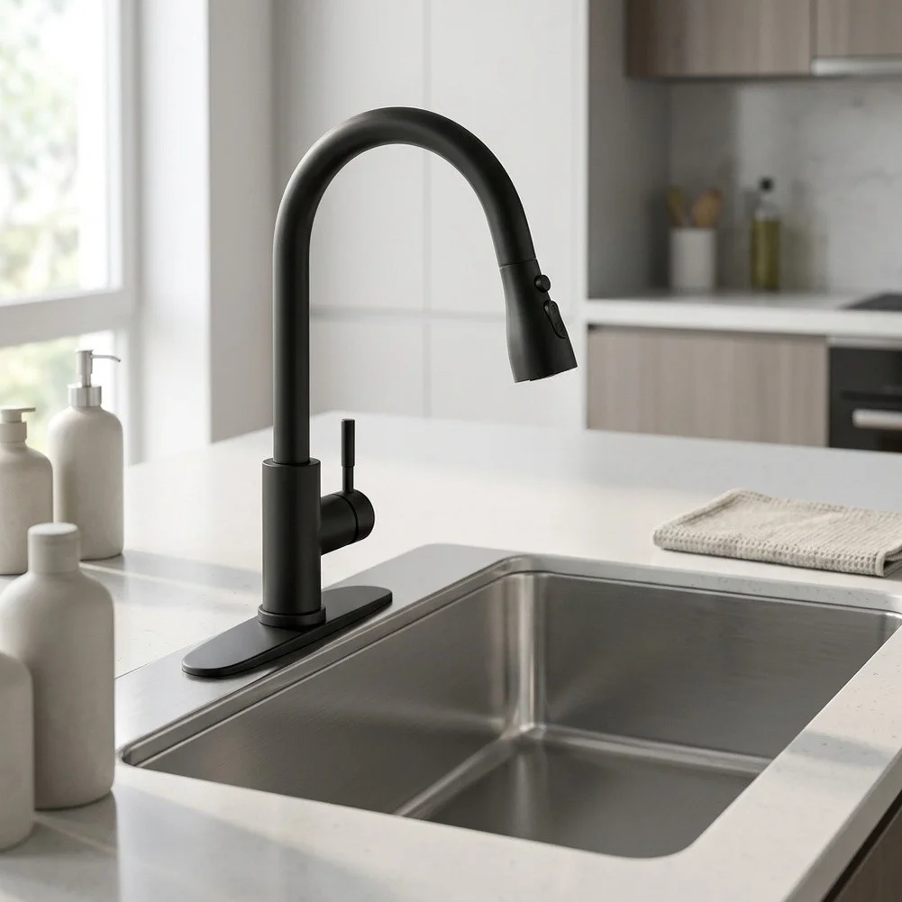 Stainless Steel Kitchen Faucet with Integrated Pull Down Sprayer and Selectable Stream Spray Pause Options for Indoor Use