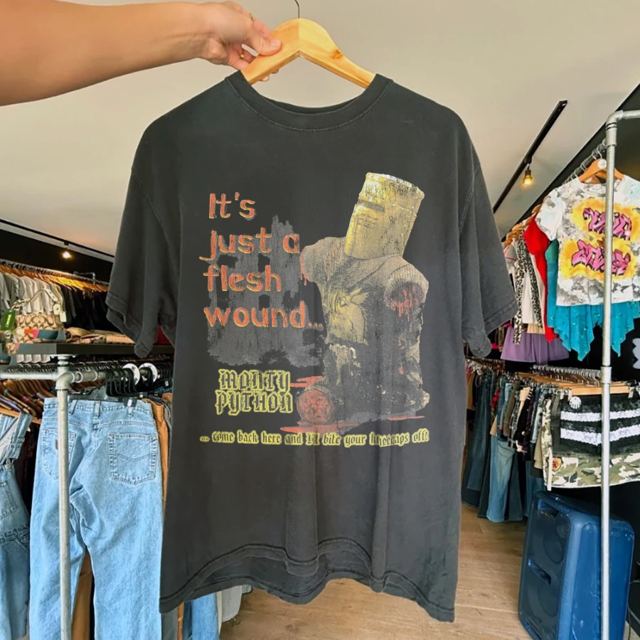 It's Just A Flesh Wound Monty Pythons 2001 Promo Vintage Washed Black T-Shirt  Y2K Style Underground Print Loose Retro Summer